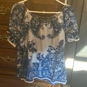 Susan Graver Navy and White Paisley Blouse